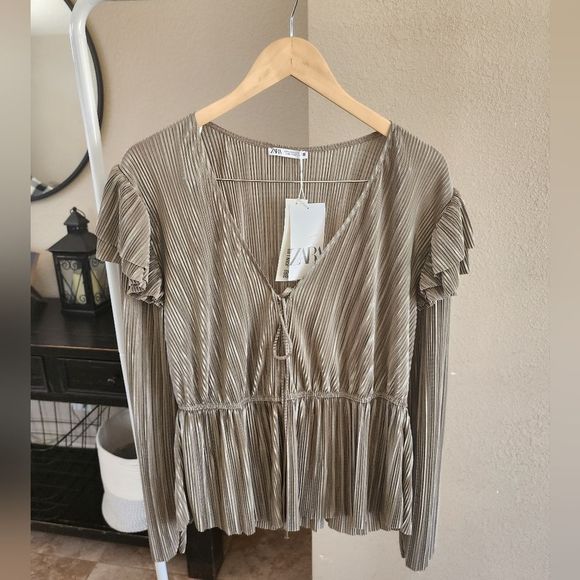 Zara Tops - NWT ZARA Ruffled Pleated Blouse Mink  L